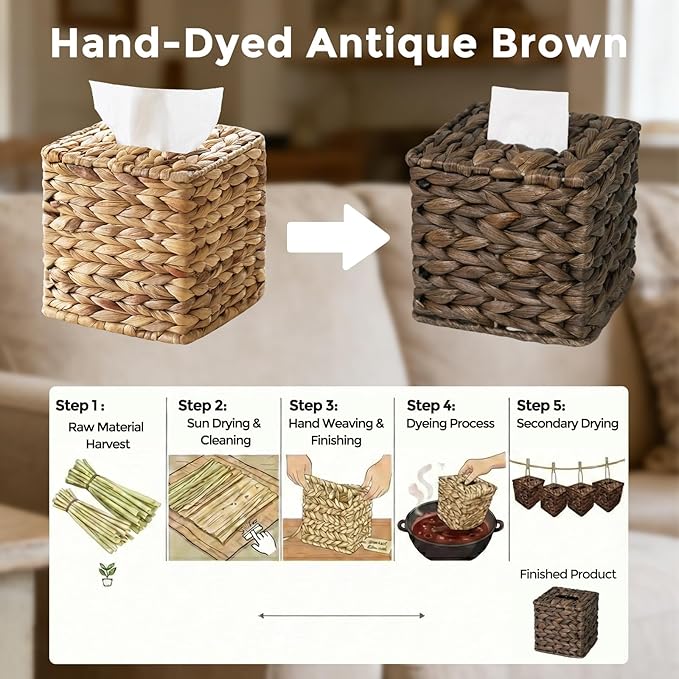 Tissue Box Cover, Square Wicker Tissue Box Holder Facial Tissues Boxes, Hand Woven Napkin Box Tissue Holder for Bathroom Bedroom Office Table Desk Night Stand, Boho Decorative, Brown