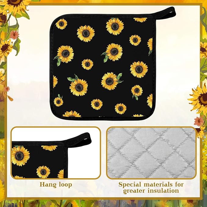Bencailor 12 Pcs Pot Holders with Pocket Kitchen Hot Potholders Hot Pad Oven Mitts Cookie Bag Oven Gloves for Kitchen Gift Baking Cooking(Yellow,Black and White Sunflower)