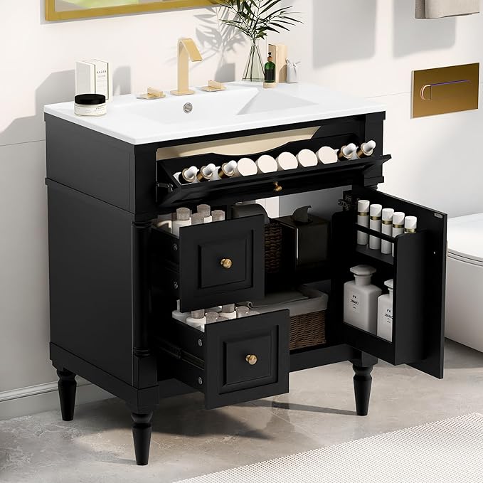 Harper & Bright Designs 30" Bathroom Vanity with Sink, Free Standing Bathroom Vanity Set with Flip Drawer, 2 Drawers, and Adjustable Shelf, Wood Storage Cabinet with Ceramic Basin for Bathroom, Black