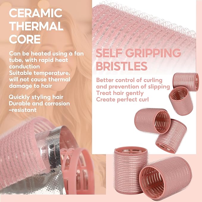 9 pcs Thermal Hair Rollers,Ceramic Thermal Hair Rollers Hair Curlers for Blowout Look Long Hair Volume,Jumbo Self Grip Rollers Hair Curlers for Long Short Hair for Women(Pink)