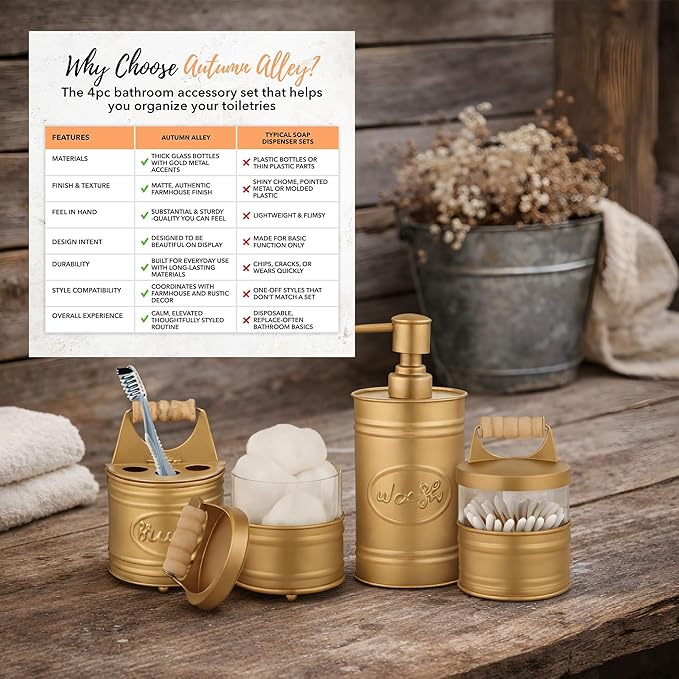 Autumn Alley Antique Gold Bathroom Accessories Set 4 - Farmhouse Soap Dispenser, Toothbrush Holder, 2 Apothecary Jars Qtip Holder - Gold Bathroom Decor – Rustic Farmhouse Bathroom Accessories