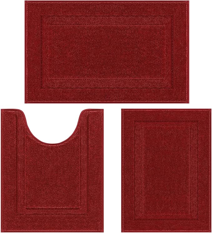 SHACOS Red Bathroom Rugs Set of 3 Pieces, 16"x24" + 20"x32" Bath Rugs + 20"x24" U Shaped Toilet Rugs, Non-Slip Extra Soft Absorbent Bath Rug Washable Bathroom Floor Mats