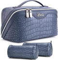 BOYATU Travel Makeup Bag Cosmetic Bags for Women: 3 Pcs Set Large Capacity Make up Bag with Handle - Crocodile Pattern Vegan Leather Toiletry Bags Travel Essentials with Compartments(E-3-Blue)