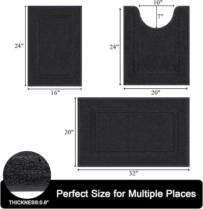 SHACOS Black Bathroom Rugs Sets 3 Piece, 16"x24" + 20"x32" Non Slip Bath Mat and 20"x24" Toilet Rugs U Shaped Washable, Soft Fluffy Water Absorbent Bath Rugs for Bathroom