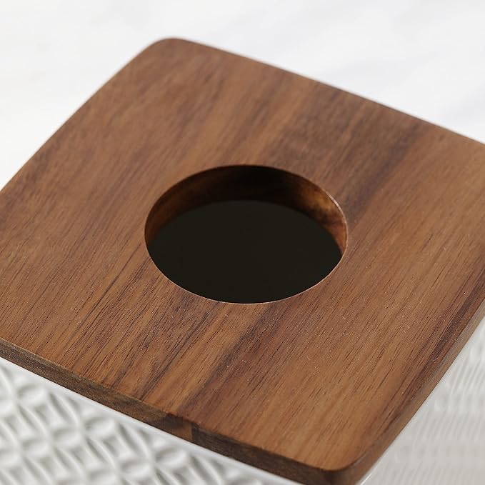 Bathroom Accessories - Ceramic Tissue Holder with Wooden Lid, Decorative Square Tissue Cover Box (White and Beige)