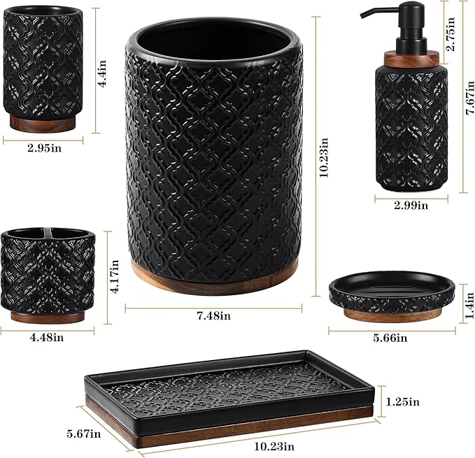 Elegant Bathroom Accessories Set 6 PCS Ceramic and Wood Bathroom Accessory Set Soap Dispenser Toothbrush Holder Tumbler Soap Dish Tray Trash Can Easy to Clean Quatrefoil Pattern Black