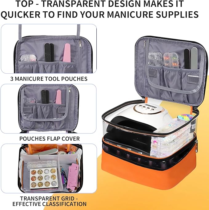 Clear Nail Polish Organizer, Double-Layer Nail Polish Bag Organizer Case Holds 30 Bottles and Nail Dryer, Nail Organizers and Storage for Manicure Tools-Orange