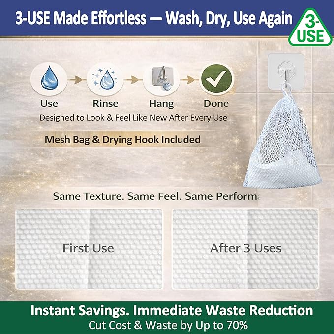 3D Nonwoven Face Towels-XL 13”x10”, 50Cts=150 Uses, Cut Waste & Cost 70%, Ultra-Clean, Soft & Durable, Dual-Surface: Cleanse, Exfoliate, Includes Wash Bag & Hook