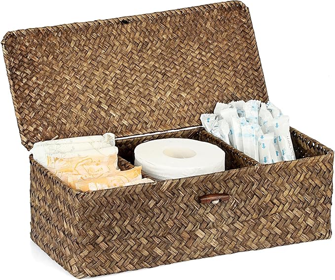 Sumnacon Seagrass Storage Basket with Lid Wicker Storage Baskets with Sections,Small Woven Shelf Basket for Toiletries Tampon, Seagrass Basket for Shelf Bathroom Toilet Table Counter,Coffee