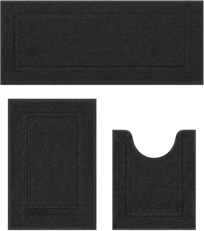 SHACOS Black Bathroom Rugs Sets 3 Piece, 20"x32" + 20"x47" Non Slip Bath Mat and 20"x24" Toilet Rugs U Shaped Washable, Soft Fluffy Water Absorbent Bathroom Floor Mat