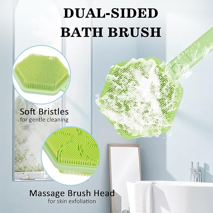 Silicone Back Scrubber for Shower with 21" Extendable Handle-Dual-Sided Long Handle Bath Brush for Exfoliating & Massage–Non-Slip Grip, Gentle&Deep Cleansing Body Brush for Men, Women, Seniors (Green)