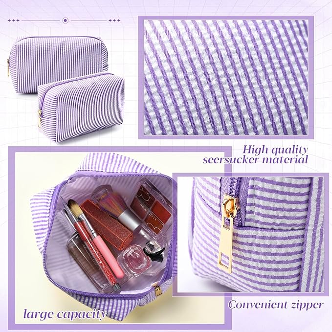 Sanwuta 6 Pcs Seersucker Cosmetic Bags Bulk Seersucker Makeup Bags Stripe Women Pouch Large Preppy Storage Pouch Toiletry Travel Organizer for Wedding Bridesmaid Bride Favor Mom Gift (Purple)