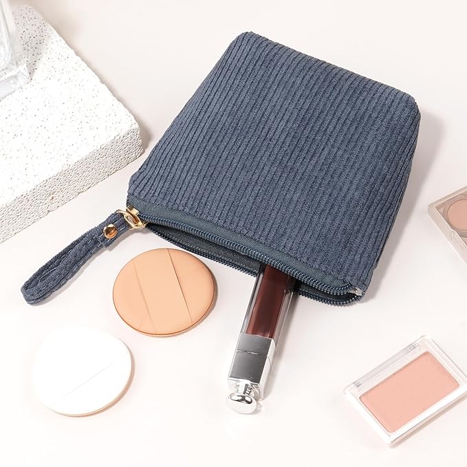 MAGEFY Mini Makeup Bag, Cute Small Makeup Bag for Purse Corduroy Cosmetic Bag for Women with Slip-in Pockets Travel Purse Essentials Lipstick Bag(Grey,Mini)