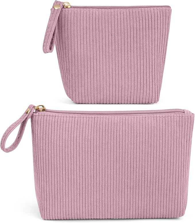 MAGEFY 2Pcs Makeup Bag Set, Cute Makeup Pouch for Purse Corduroy Travel Cosmetic Pouch for Women with Slip-in Pockets for Purse Essentials Accessories(Pink,Mini+Small)