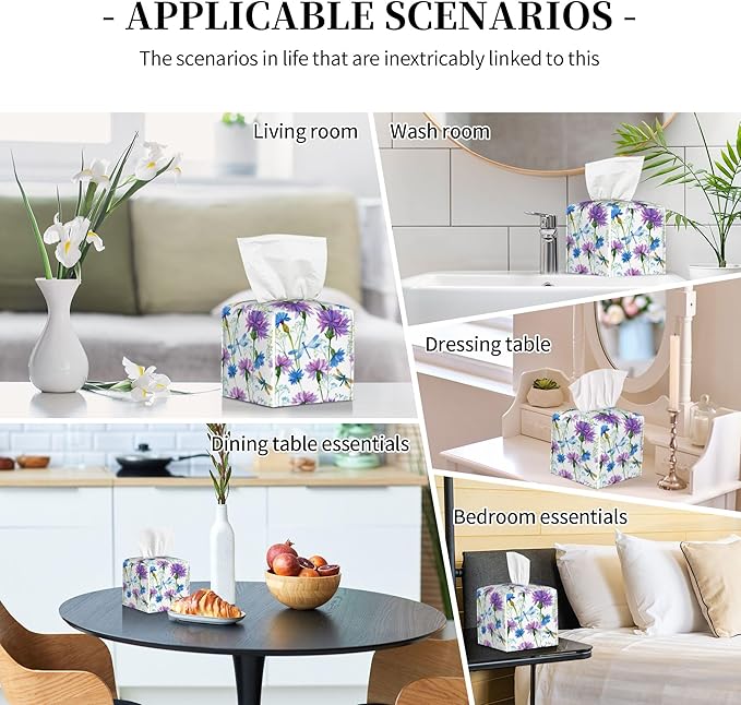 Watercolor Flowers and Dragonflies Tissue Box Cover Square,Purple Blue Floral Tissue Box Holder Waterproof Leather Facial Paper Organizer Dispenser for Bathroom Home Car Nightstand Vanity Desk