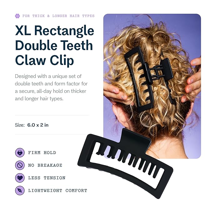 Gimme Beauty XL Rectangle Claw Clip Duo - Hair Clips with Velvet-Like Finish for All Hair Types - Non-Slip, Firm-Hold Daily Wear Accessory - Women’s Claw Clip Set - Black