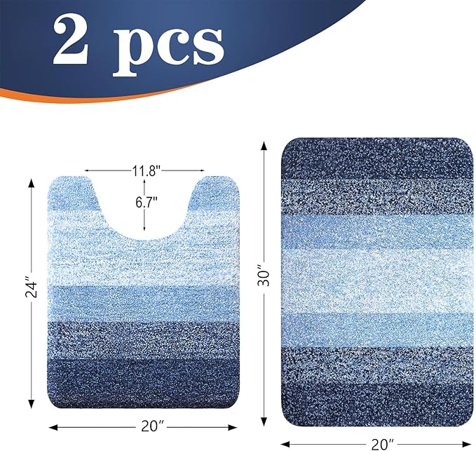 OLANLY Bathroom Rug Set 2 Piece, Soft Absorbent Microfiber Bath Mats and U-Shaped Contour Toilet Rug, Non-Slip, Machine Wash Dry, Plush Shaggy Bath Mats for Bathroom (30"x20"+24"x20", Navy)