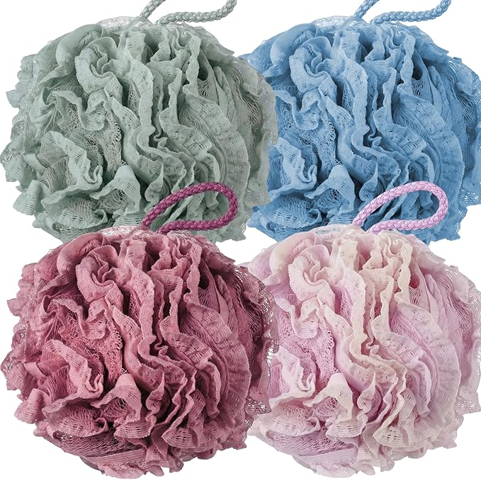 Sunnyray 4 Pack Loofah Bath Sponge Lace Mesh Set Large 60g Shower Poufs Body Scrubber Bath Loofah Ball Body Wash Sponge Exfoliating Scrubber Luffa Puff for Women Men Cleanse Skin Accessories (Classic)