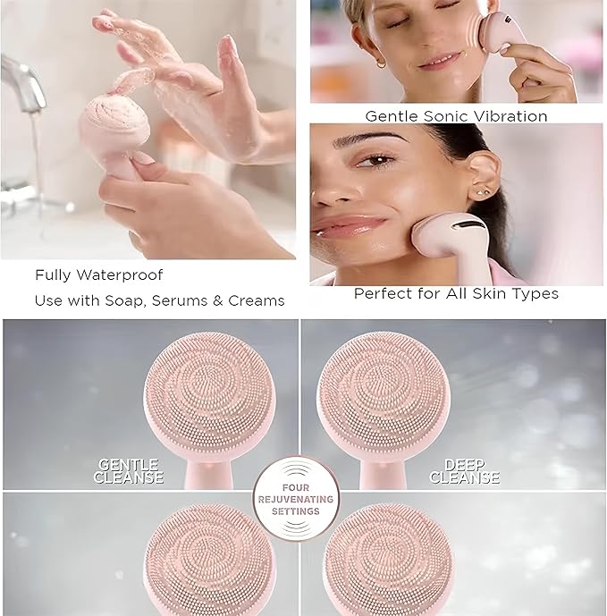 Sonic Facial Cleansing Brush, 4 Rejuvenating Settings, Waterproof Silicone Head, Pink
