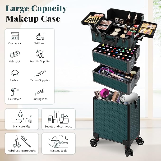 AROUS Rolling Makeup Train Case 4 in 1 Cosmetology Case on Wheels Large Storage Cosmetic Trolley with Key Salon Barber Traveling Cart Trunk, Green
