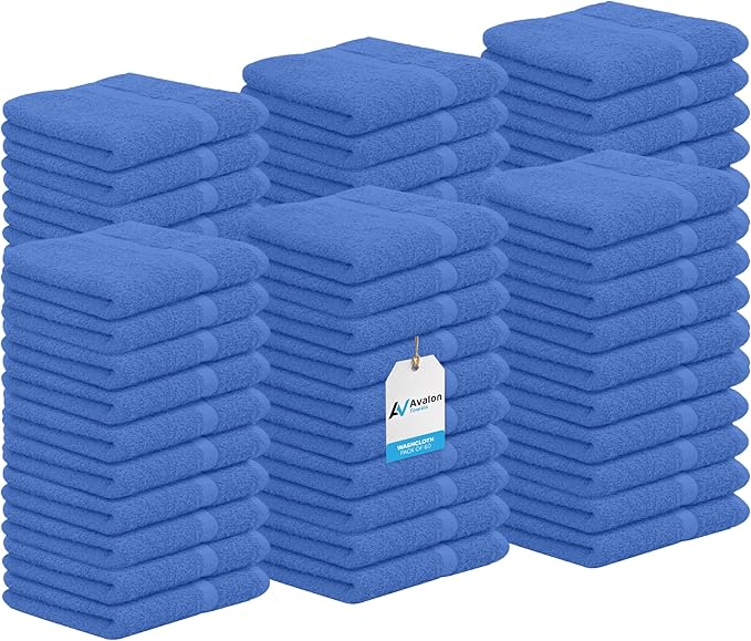 Avalon Towels Cotton Washcloths – (Pack of 60) Size 12x12 Inches, 100% Ring Spun Cotton, Soft & Absorbent Face Towels, Gym Towels, Hotel and Spa Quality, Reusable Fingertip Towels (Blue)