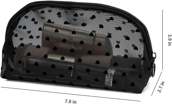 Portable Mesh Makeup Bag with Zipper Small Travel Toiletry Bag Lightweight Cosmetic Pouch (Black&Black Heart Half Round)