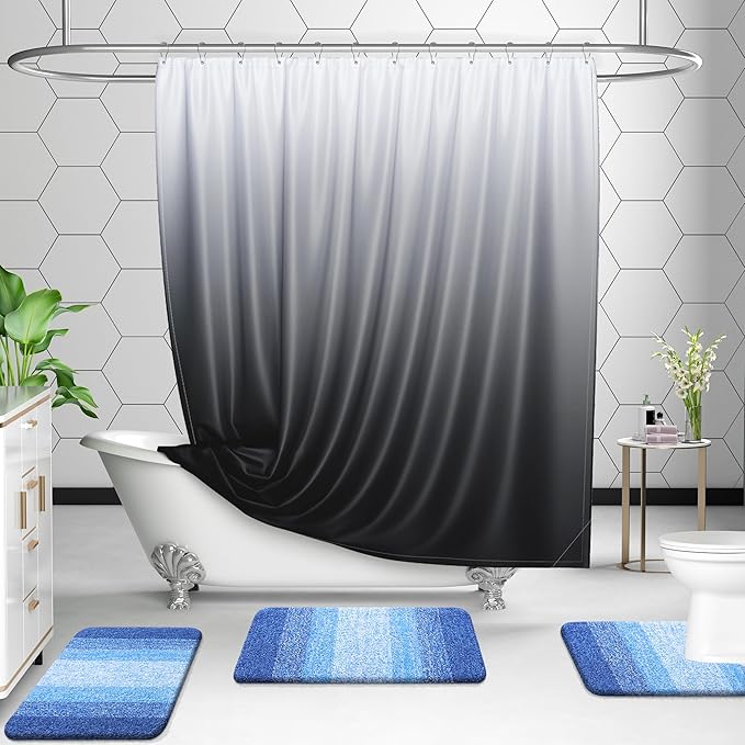 OLANLY Bathroom Rugs Sets 3 Piece, Soft Absorbent Microfiber Bath Mats and U-Shaped Contour Toilet Rug, Plush Shaggy Bath Mat Set for Bathroom (30"x20"+24"x16"+24"x20", Light Royal Blue)