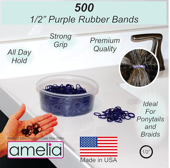 Amelia Beauty 500 Count Small Rubber Bands for Hair – ½" Purple - Made in USA - Recloseable Container - Mini Hair Elastics for Braids, Ponytails, Cornrows & Twists – Strong Hold Ponytail Holders
