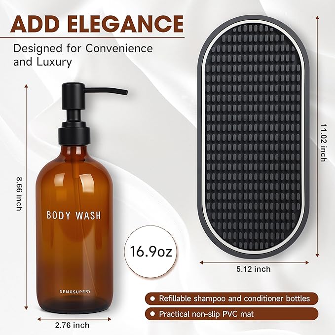 Glass Shampoo and Conditioner Dispenser-Shower Soap Dispenser for Bathroom-16.9 fl oz Set of 3 Refillable Glass Bottles with Pump and Labels-Shampoo Dispenser for Shower(Amber)
