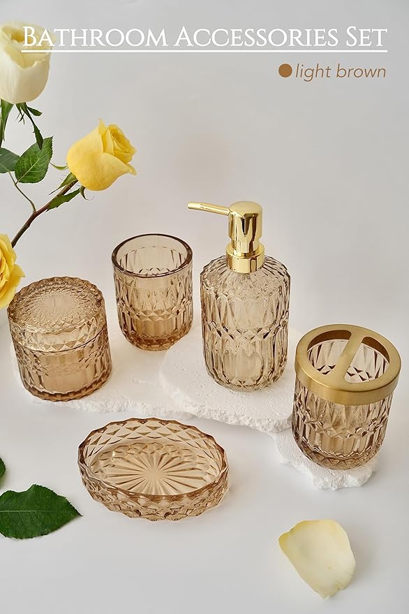 Brown Bathroom Accessories Set, 5Pcs Clear Glass Bathroom Accessories, Lotion Soap Dispenser, Toothbrush Holder Set, Soap Dish, Qtip Holder, Tumbler for Vintage Bathroom Decor, Gift Set