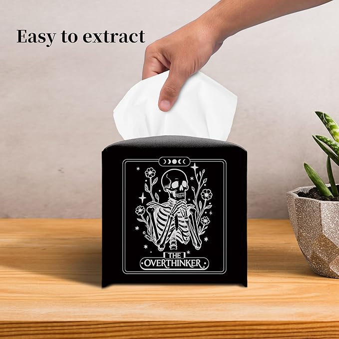 Grace Yonks Cute Tissue Box Cover Square - Gothic Skeleton “The Overthinker” Print, Funny Tarot-Inspired Design 5.2" PU Leather Holder for Vanity, Bathroom Counter - Cube Case for Facial Tissues(024)