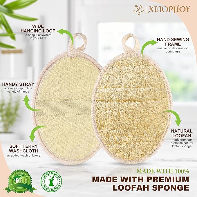 2PCS Natural Exfoliating Loofah Body Scrubber, Premium Loofah Exfoliating Body Scrubber for Bath, Made with Natural Shower Loofah Sponge, Shower Exfoliator for Women and Men