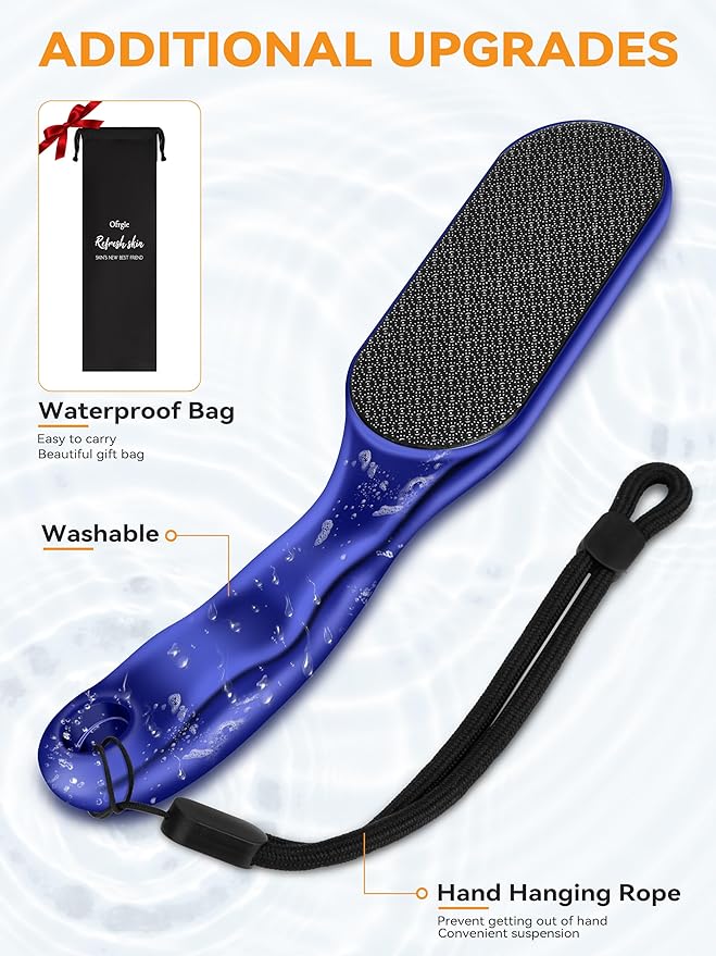 Nano Glass Foot File Professional Foot Scraper Dead Skin Rasp, Wet Dry Foot Callus Remover, Pedicure Tools for Feet Exfoliator, Anti-Slip Handle Rope & Storage Bag Gift for Women Blue