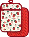 Slohif Silcone Strawberry Pot Holders for Kitchen - 100% Cotton Red Cute Oven Potholders with Pockets, Heat Resistant Square Thick Hot Pads, House New Home Baking Baker Gifts,2pack