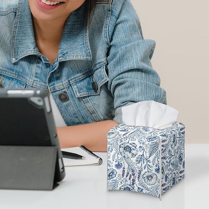 Blue Flowers Tissue Box Holder Square PU Leather Tissue Organizer Case with Metal Button Waterproof Napkin Holder for Home Office Car Automotive Decor