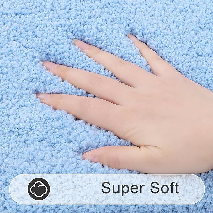 SHACOS Soft Fluffy Bathroom Runner Rugs Set of 3 Bath Mats with U Shape Toilet Rugs Non Slip Washable Bath Rugs Absorbent Bathroom Carpet for Shower Tub, Light Blue