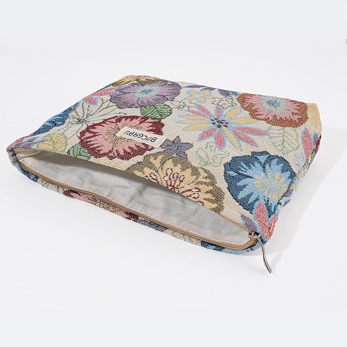 2 PCS Makeup Bag Set Cute Small Cosmetic Bag for Purse ，Large Toiletry Bag Makeup Organizer，Travel Pouch with Zipper for Women, (Flower Garden White)