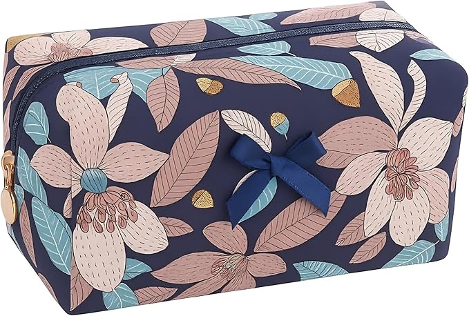 Floral Quilted Cotton Makeup Bag for Women, Large Capacity Travel Cosmetic Pouch with Zipper, Cute Toiletry & Brush Organizer, Kawaii Makeup Storage Case – Navy Big Floral