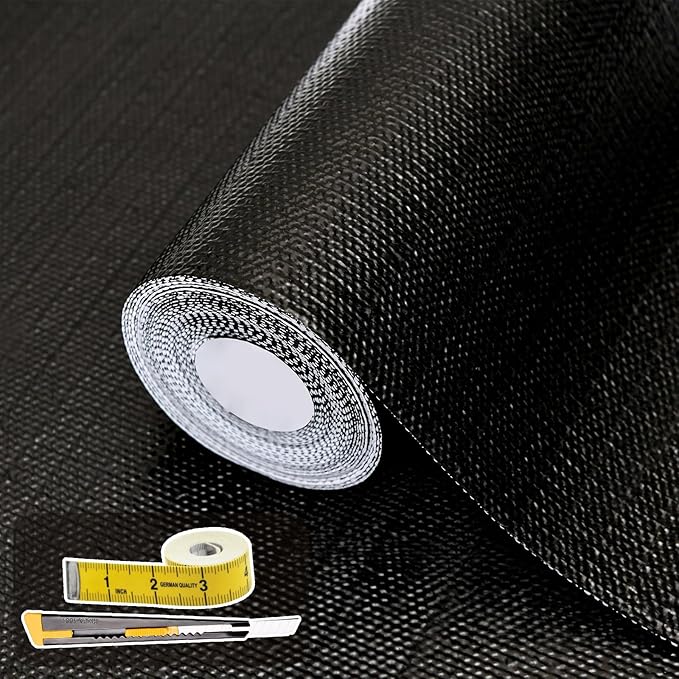 Shelf Liners for Kitchen Cabinets 17in x 30FT, Non Adhesive Drawer Liner Pure Black Thickened Shelf Liner Non-Slip Easy to Clean for Tool Box Refrigerator with Knife and Tape Measure