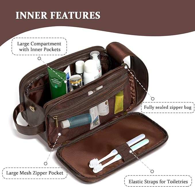 Janhavi Large Mens Toiletry Travel Bag, Customized Gifts for Men, Waterproof Travel size Toiletries Bag, Makeup Organizer Travel Bag, Men's Accessories Organizer, Travel Essentials Men(Dark Brown R)