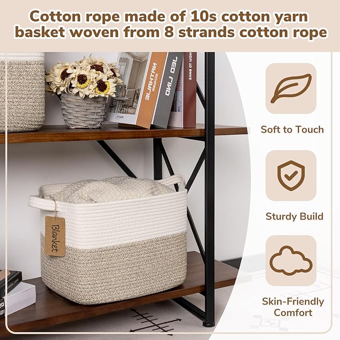 Goodpick Woven Storage Basket, Cotton Rope Basket for Dog Toys, Books, Stylish Gift Basket with Handles, 13 x 10 x 9 Inches Square Baskets for Organizing, Brown and White