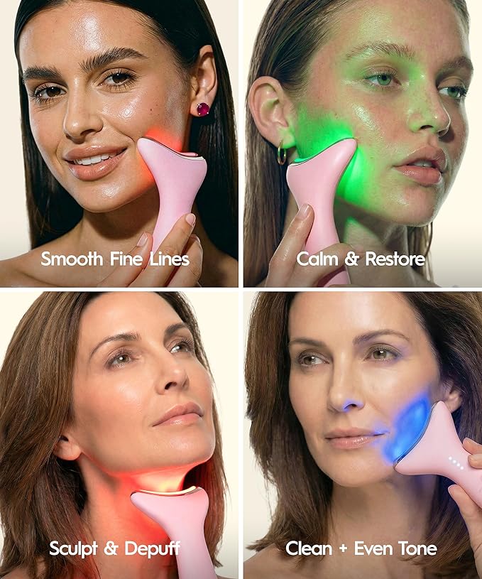 REVO Genie Facial Massager for Face and Neck, LED Face Lift Device with Heat & Vibration, Lymphatic Drainage Depuffing Tool, Red Blue Green Light Therapy for Skin Tightening & Skincare Absorption
