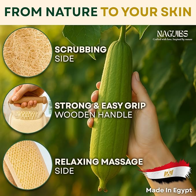 Mom Gift Premium Egyptian 100% Natural loofah with Handle Back Scrubber for Shower and Massage exfoliating Body Scrubber loofah for Men and Women for Shower loofa Clean Your Back Deeply