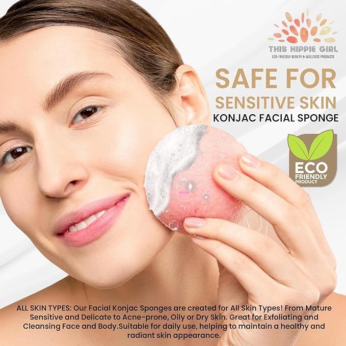 This Hippie Girl | Konjac Exfoliating Organic Facial Sponge | Plant Based Gentle Exfoliating Face Scrubbie | Oil Control Sponge | Rose Pink (Pink)