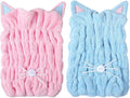2Pcs Microfiber Hair Towel Wrap, Microfiber Hair Drying Towel Wraps with Cute Kitty Ears, Hairs Drying Caps, Ultra Absorbent Quick-Dry Turban Caps for Women & Girls (Pink & Blue 10.6" L x 9" W)