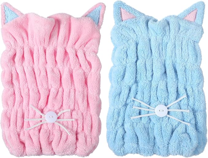 2Pcs Microfiber Hair Towel Wrap, Microfiber Hair Drying Towel Wraps with Cute Kitty Ears, Hairs Drying Caps, Ultra Absorbent Quick-Dry Turban Caps for Women & Girls (Pink & Blue 10.6" L x 9" W)