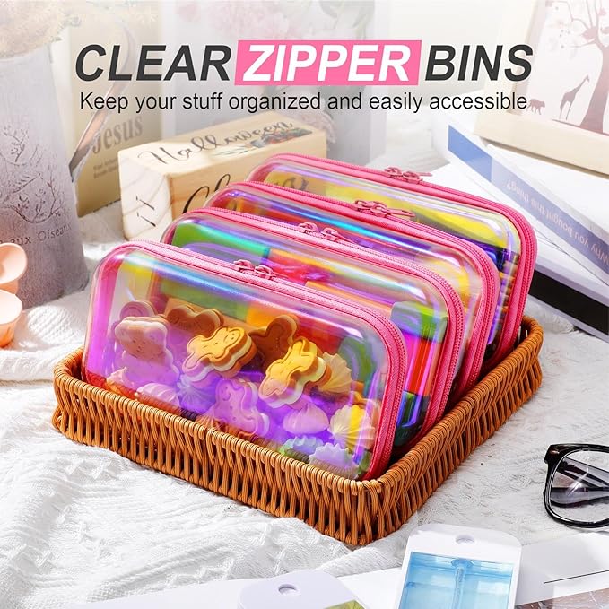 Hoolerry 4 Pcs Hard Clear Zipper Case Makeup Bags Plastic Zipper Pouch Transparent Storage Box Containers for Cosmetics, Snacks, Building Blocks, Puzzles(Clear,7.5 x 3.9 x 2 in,Pink Laser)
