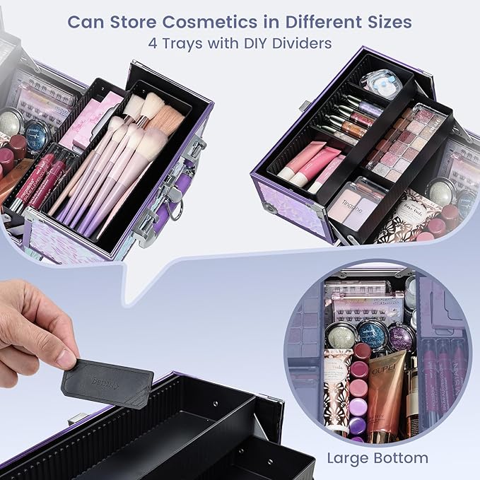 FRENESSA Makeup Case Organizer Makeup Box Cosmetic Train Case Portable Make Up Artist Travel Case Storage Box 4 Trays with Dividers Lockable Hard Train Case Nail Tech Supply Storage Shiny Purple