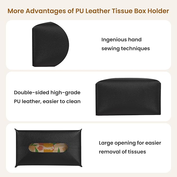 Long Tissue Box Cover, PU Leather Tissue Holder Rectangle, Facial Paper Organizer, Modern Dispenser for Bathroom, Kitchen, Home, Office, Tabletop (1, Black, Short)