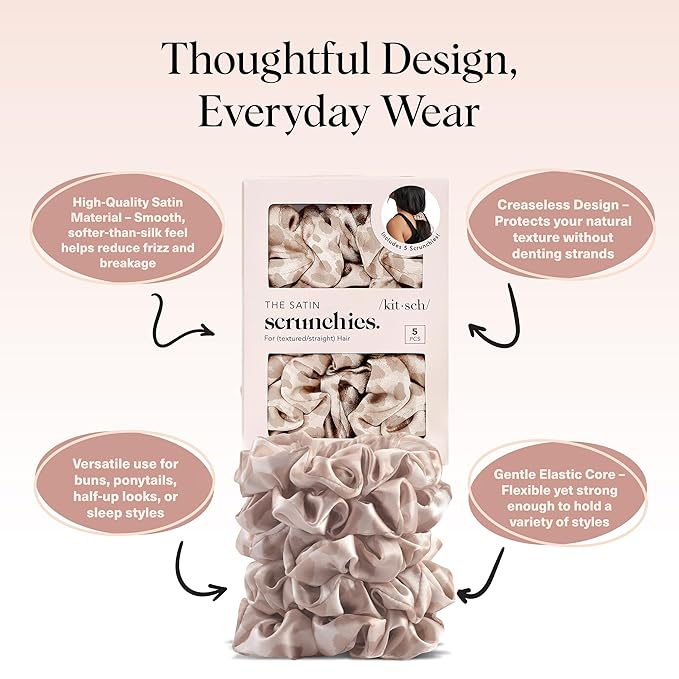 Kitsch Leopard Prints Satin Scrunchies for Women - No Crease, Frizz Control | Softer Than Silk Scrunchies Gentle On Hair Scrunchies for All Hair Types | Stylish Hair Accessories - 5pcs